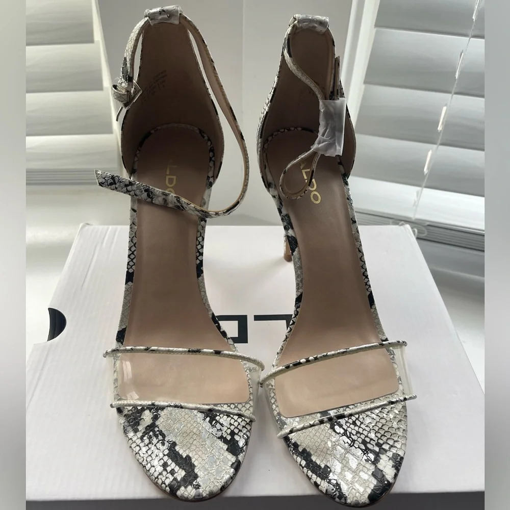 Brand new in box Aldo Snake skin heels with clear toe strap U.S women’s 8.5